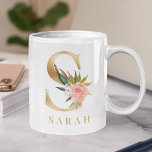 Watercolor Floral & Gold Letter S Monogram Coffee Mug<br><div class="desc">A personalised coffee mug with a faux gold letter "S" monogram,  featuring decorative watercolor floral and foliage illustrations. Easily customise it with your name or create a unique gift for your loved ones.</div>