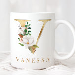Watercolor Floral & Gold Letter V Monogram Coffee Mug<br><div class="desc">A personalised coffee mug with a faux gold letter "V" monogram,  featuring decorative watercolor floral and foliage illustrations. Easily customise it with your name or create a unique gift for your loved ones.</div>