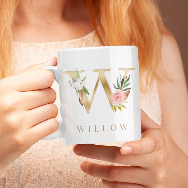 Watercolor Floral & Gold Letter W Monogram Coffee Mug (Creator Uploaded)