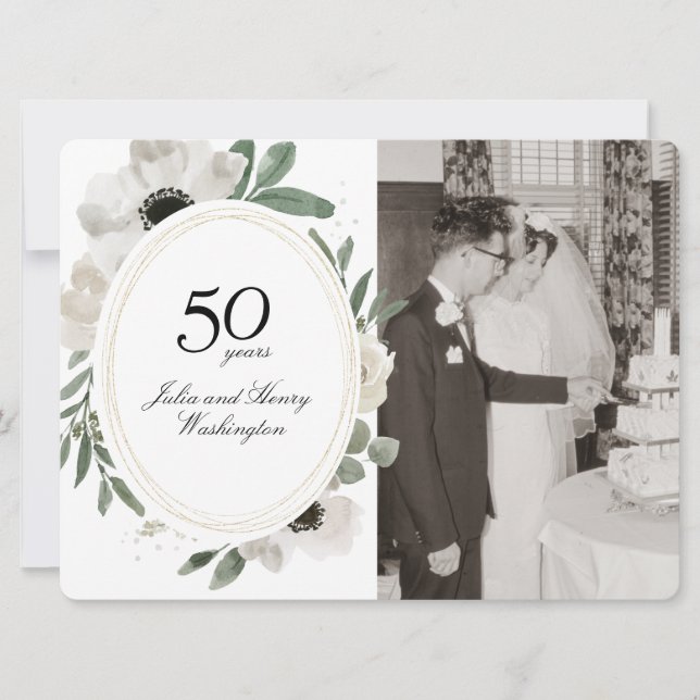 Watercolor Floral Gold Photo 50th Anniversary Invitation (Front)
