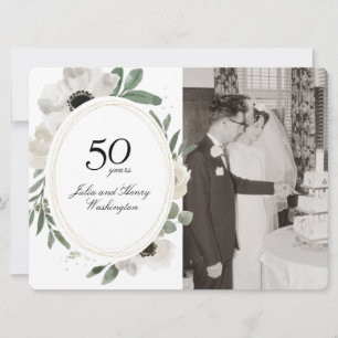 Watercolor Floral Gold Photo 50th Anniversary Invitation