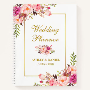 Watercolor Floral Gold Pink Blush Wedding Planner Notebook