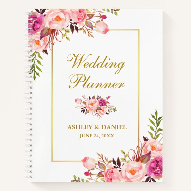 Watercolor Floral Gold Pink Blush Wedding Planner Notebook (Front)
