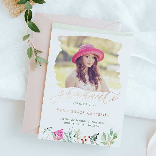 Watercolor Floral Gold Script Photo Graduation (Creator Uploaded)