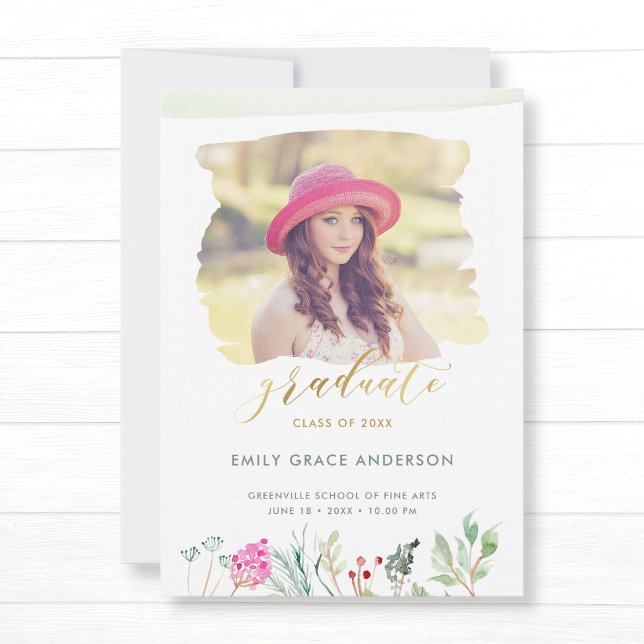 Watercolor Floral Gold Script Photo Graduation Announcement (Creator Uploaded)