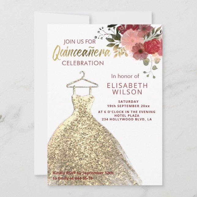 Watercolor Floral gold sequins dress Quinceañera I Invitation (Front)