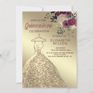 Watercolor Floral gold sequins dress Quinceañera I Invitation