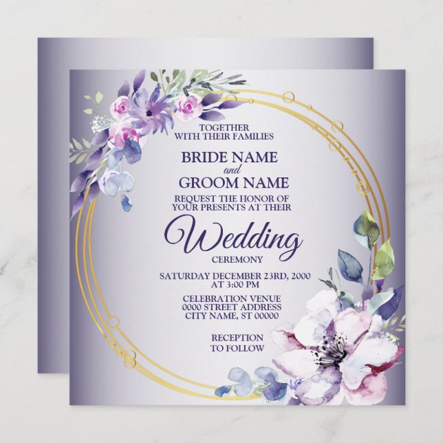 Watercolor Floral Golden Geometric Purple Wedding Invitation (Front/Back)