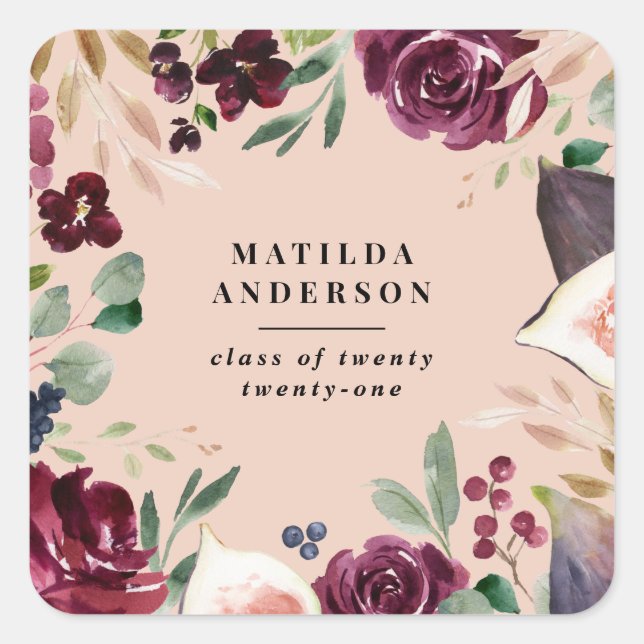 Watercolor floral graduation day square sticker (Front)