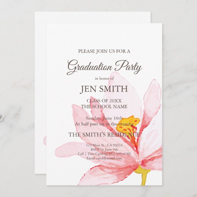 Watercolor Floral Graduation Party Invitation. Invitation (Front/Back)
