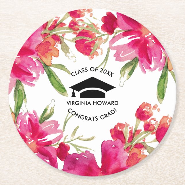 Watercolor Floral Graduation Party Round Paper Coaster (Front)