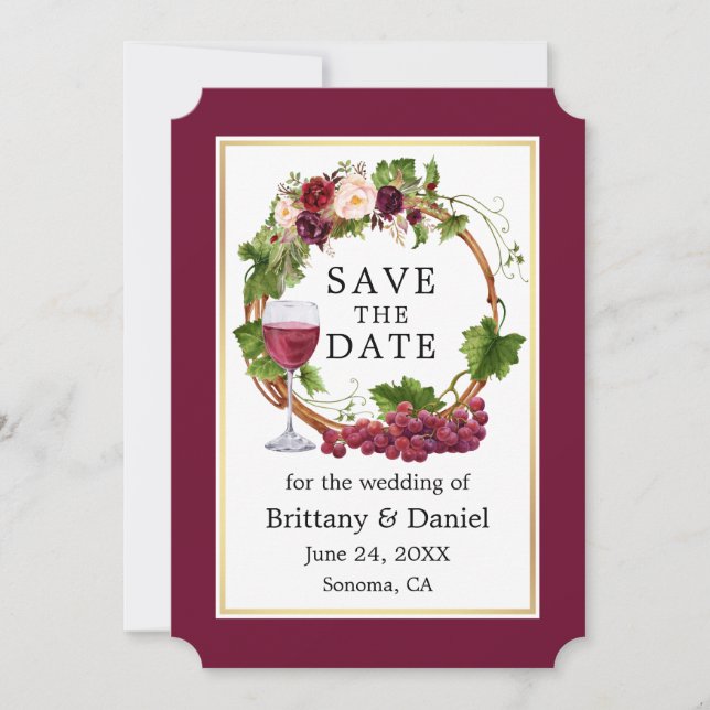 Watercolor Floral Grape Vines Wreath Save The Date (Front)