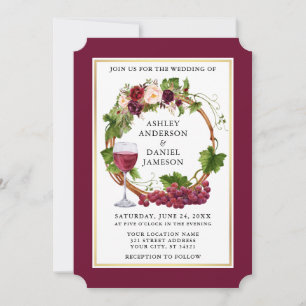 Watercolor Floral Grapes Wreath Burgundy Wedding Invitation