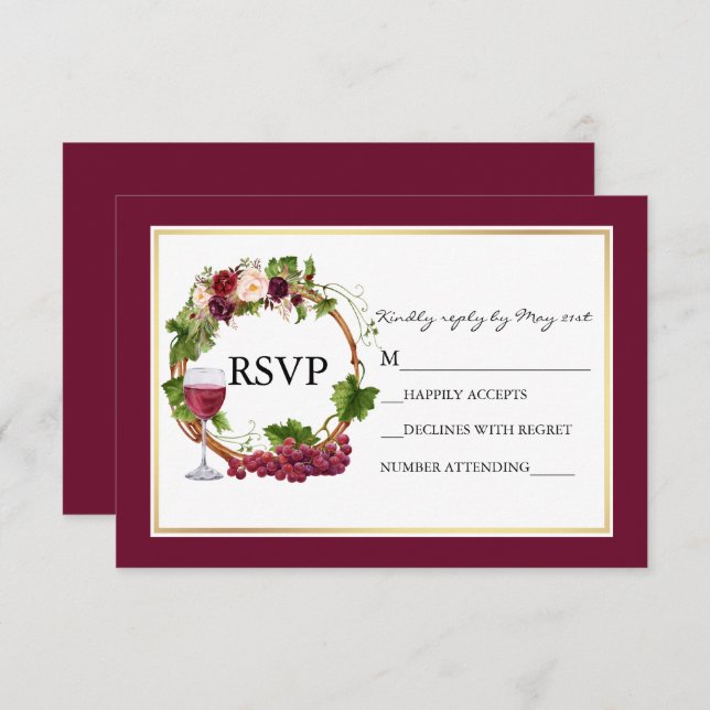 Watercolor Floral Grapes Wreath Burgundy Wedding RSVP Card (Front/Back)