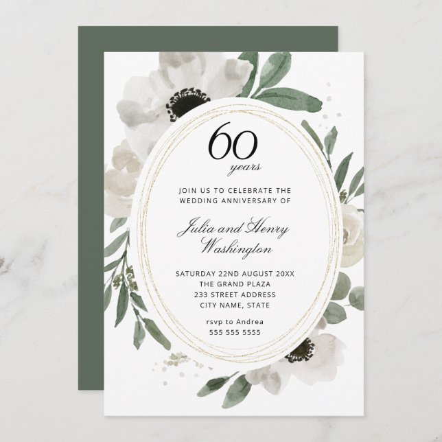 Watercolor Floral Green 60th Wedding Anniversary Invitation (Front/Back)