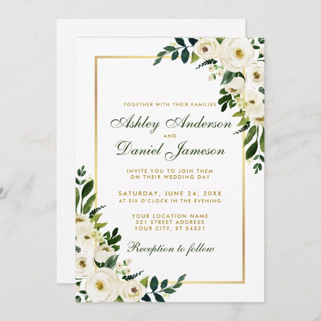 Watercolor Floral Green and Gold Photo Wedding Invitation (Front/Back)