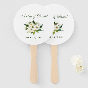 Watercolor Floral Green and White Wedding Hand Fan