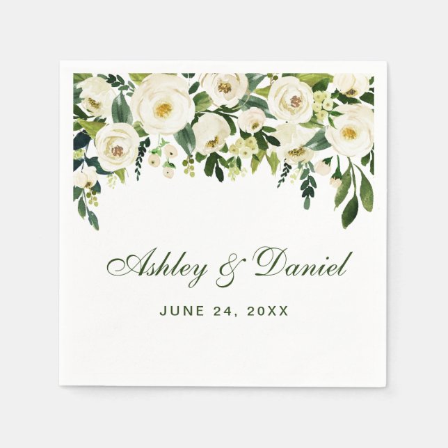 Watercolor Floral Green and White Wedding Napkin (Front)
