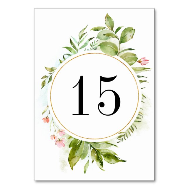 Watercolor Floral Green Foliage Table Number Card (Front)