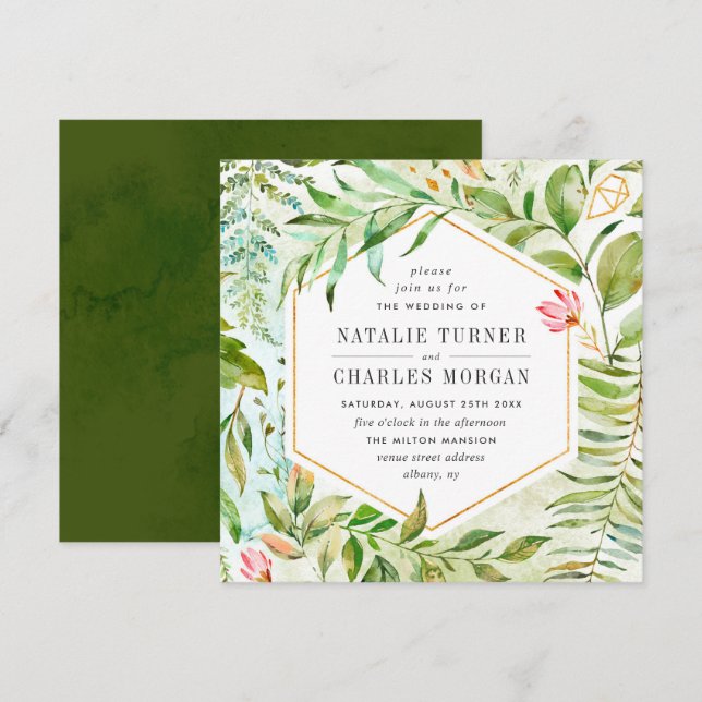 Watercolor Floral Green Foliage Wedding Invitation (Front/Back)