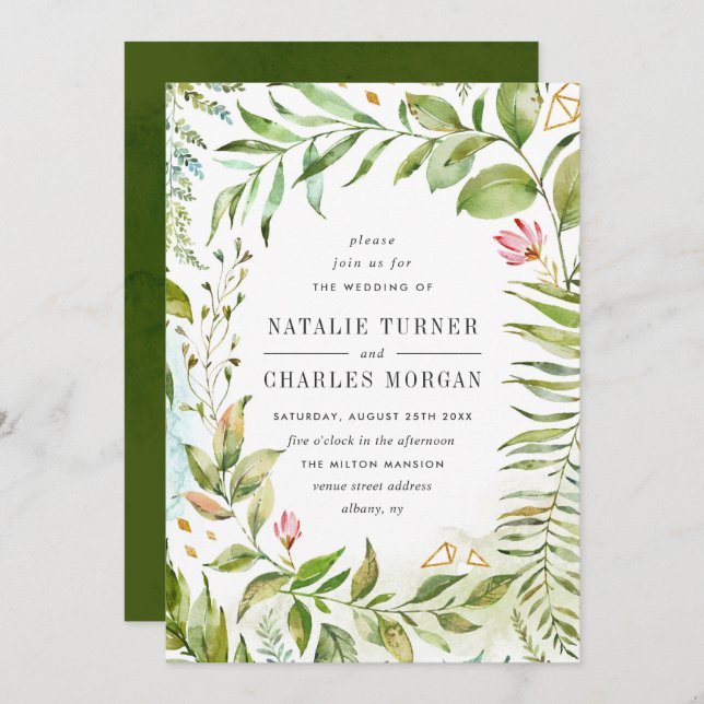 Watercolor Floral Green Foliage Wedding Invitation (Front/Back)