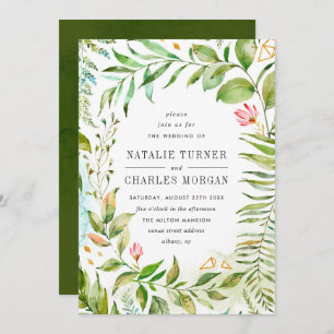 Watercolor Floral Green Foliage Wedding Invitation