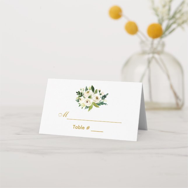 Watercolor Floral Green Gold Wedding Place Card (Front)