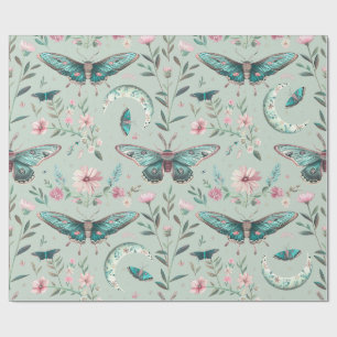 Watercolor Floral Green Moths Wrapping Paper