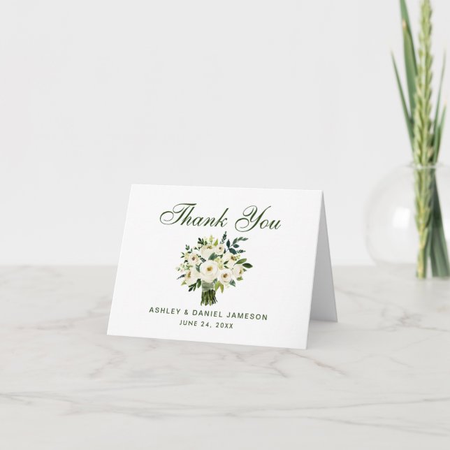 Watercolor Floral Green Wedding Thank You Note Card (Front)