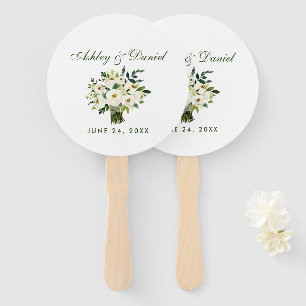 Watercolor Floral Green White Bouquet Wedding Hand Fan
