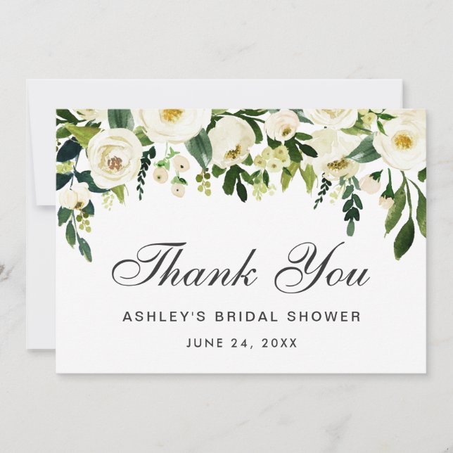 Watercolor Floral Green White Bridal Shower Thanks Invitation (Front)