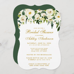Watercolor Floral Green White Gold Bridal Shower B Invitation