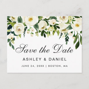 Watercolor Floral Green White Save The Date Announcement Postcard