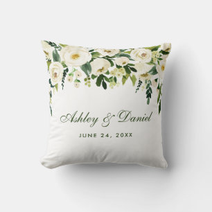 Watercolor Floral Green White Wedding Cushion
