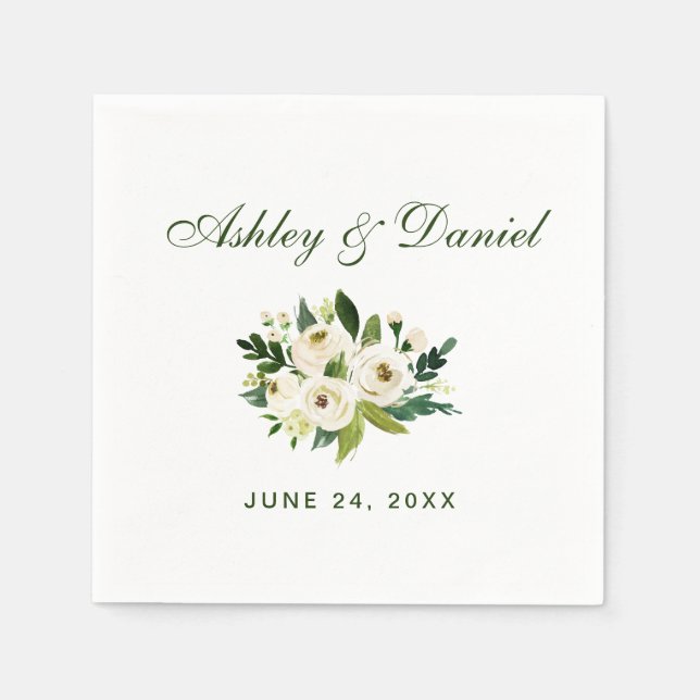 Watercolor Floral Green White Wedding Napkin (Front)