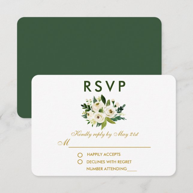 Watercolor Floral Green White Wedding RSVP GBG (Front/Back)