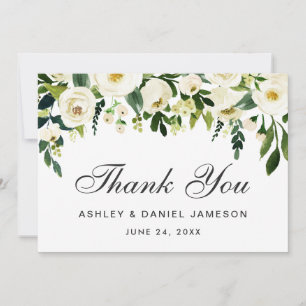 Watercolor Floral Green White Wedding Thank You Card