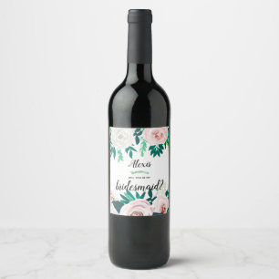 Watercolor Floral Green Will You Be My Bridesmaid Wine Label