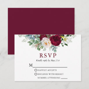 Watercolor Floral Greenery Burgundy Wedding RSVP Card