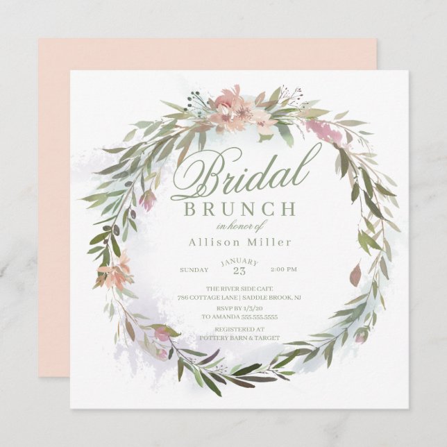 Watercolor Floral Greenery Wreath Bridal Brunch Invitation (Front/Back)
