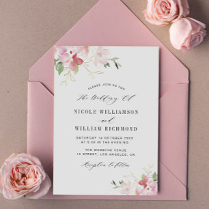 watercolor floral grey and blush wedding invitation