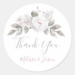 watercolor floral grey pink thank you classic round sticker