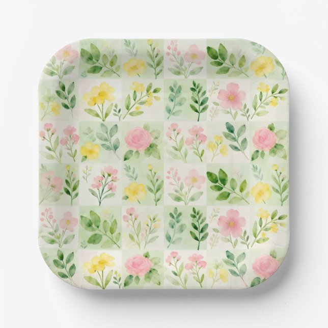 Watercolor Floral Grid Pattern Paper Plate (Front)