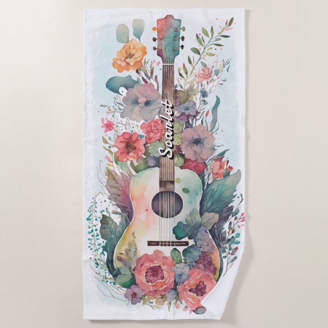 Watercolor Floral Guitar Summer Pool Beach Towel (Front)