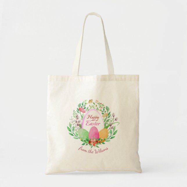 Watercolor Floral Happy Easter Name Tote Bag (Front)