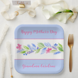 Watercolor Floral Happy Mothers Day NAME Paper Plate