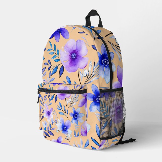 Watercolor Floral Harmony – Seamless Botanical Pat Printed Backpack (Back Corner Right)
