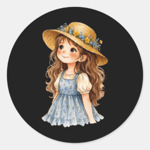 Watercolor Floral Hat Girl - Cute Whimsical Summer Classic Round Sticker