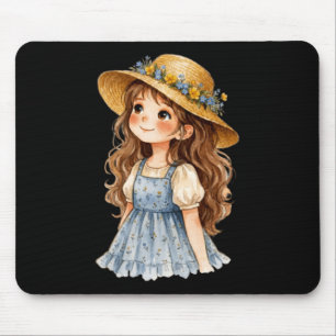 Watercolor Floral Hat Girl - Cute Whimsical Summer Mouse Pad