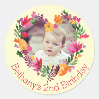 Watercolor Floral Heart Baby 2nd Birthday Photo Classic Round Sticker